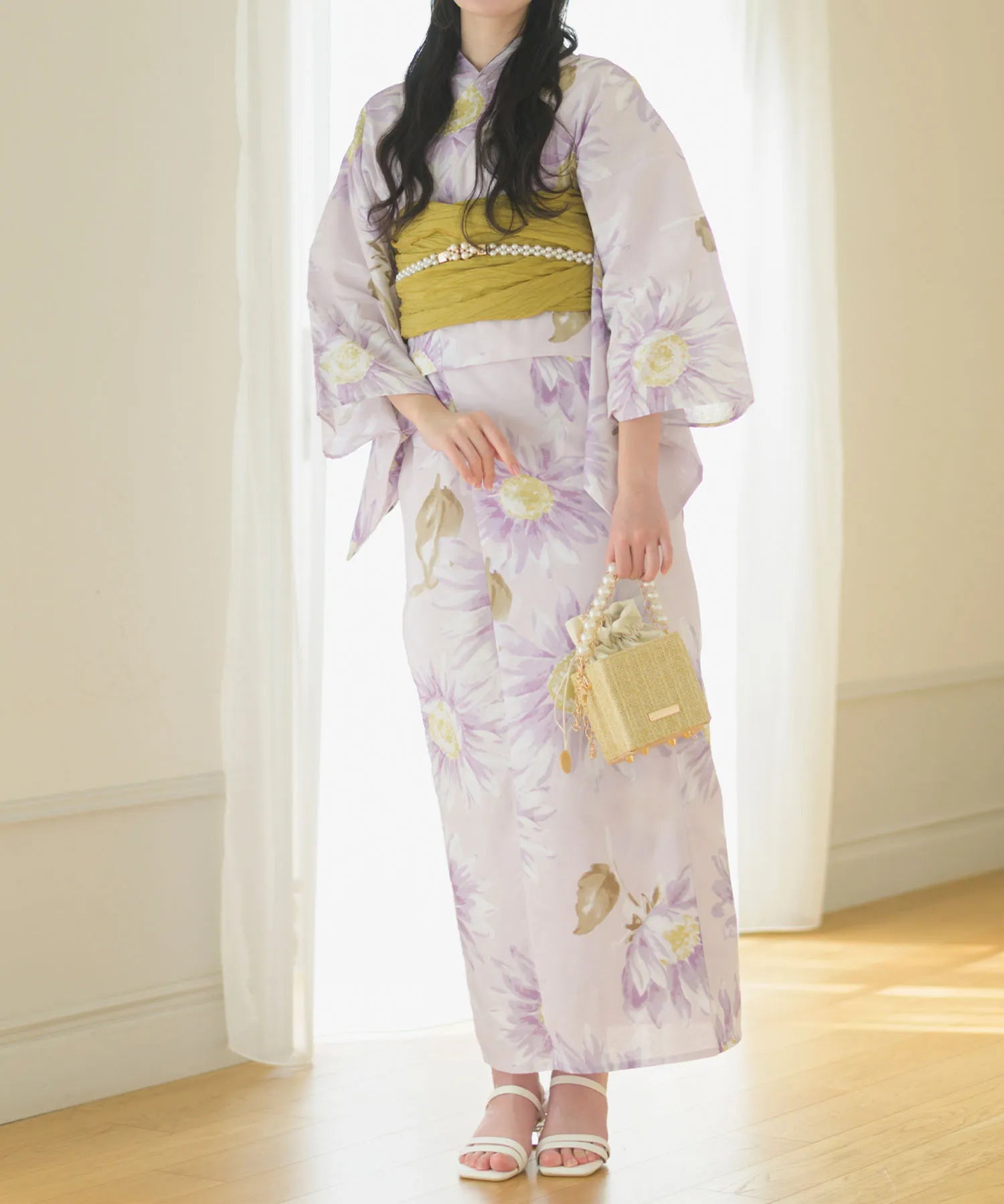 夕涼浴衣 桃風ひまわり 二部式3点セット(上衣・下衣・兵児帯)