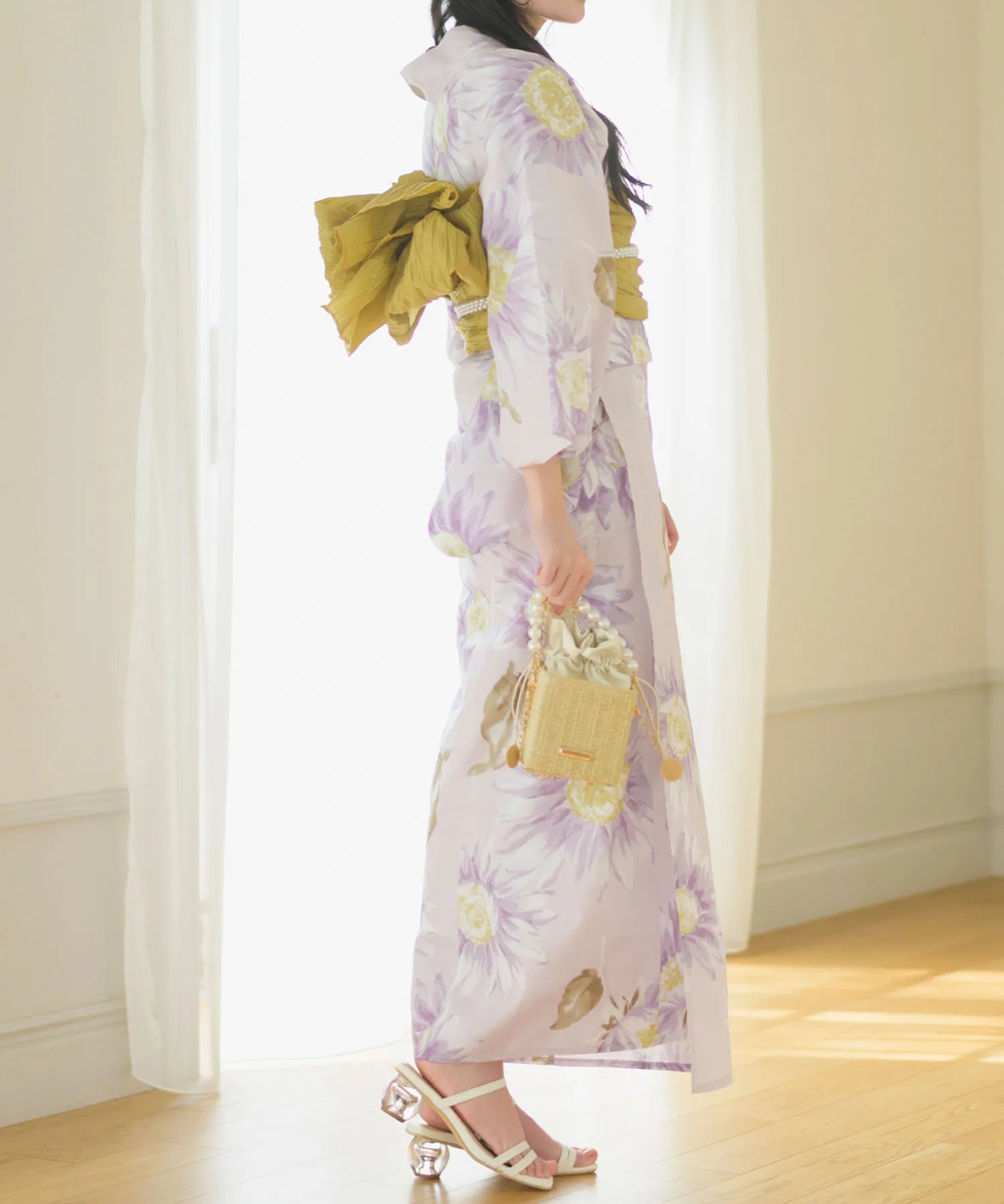 夕涼浴衣 桃風ひまわり 二部式3点セット(上衣・下衣・兵児帯)