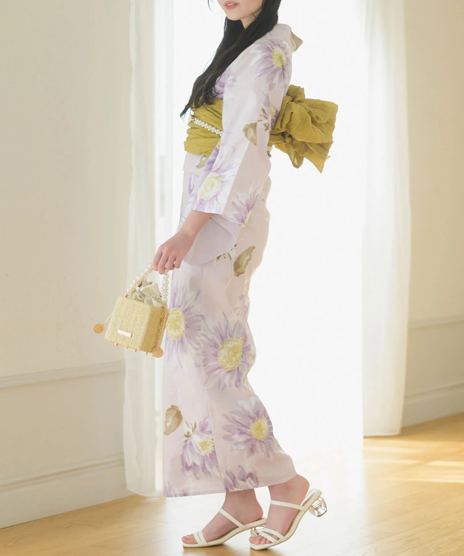 夕涼浴衣 桃風ひまわり 二部式3点セット(上衣・下衣・兵児帯)