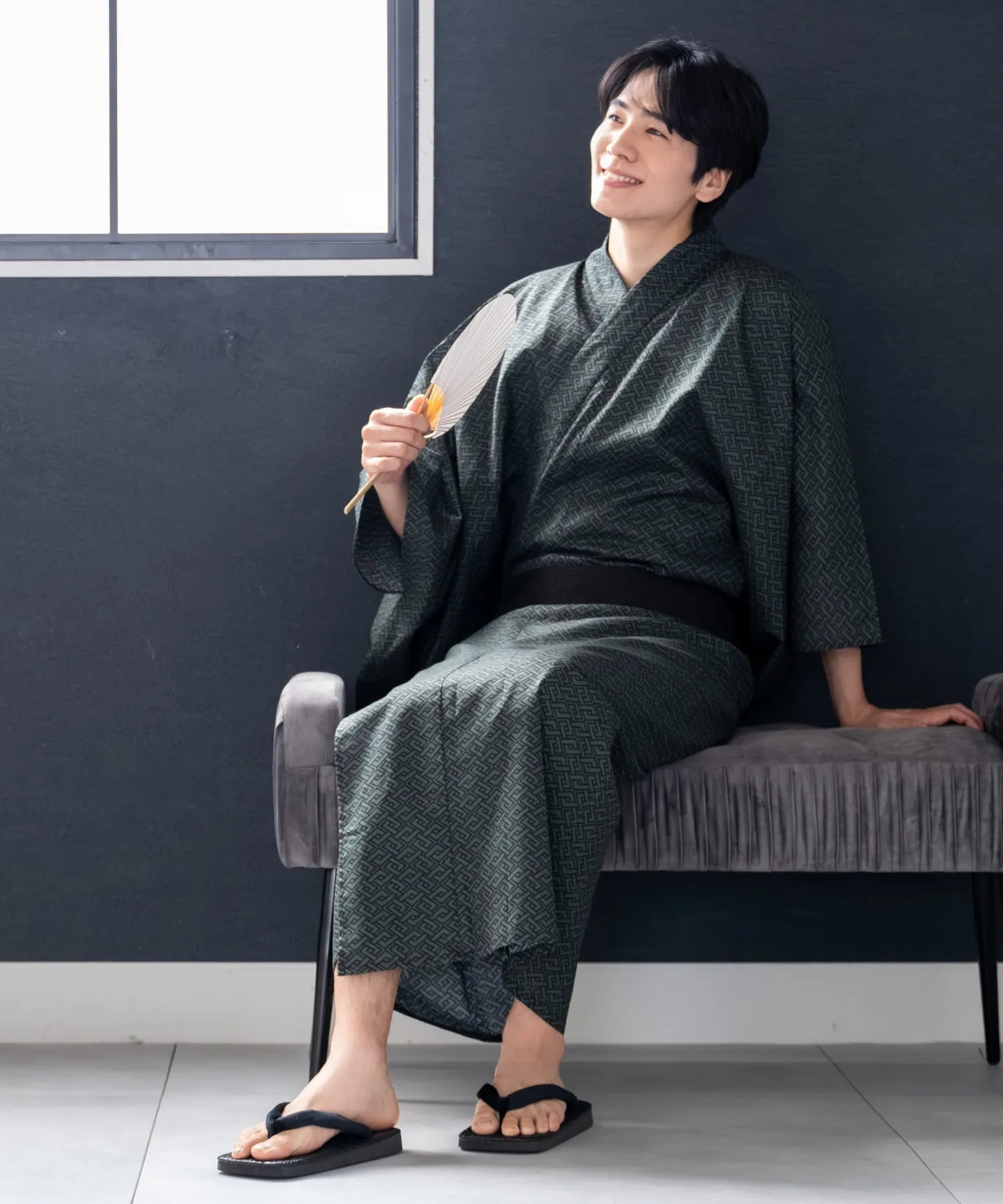 粋夏浴衣 深翠格子 メンズ単品