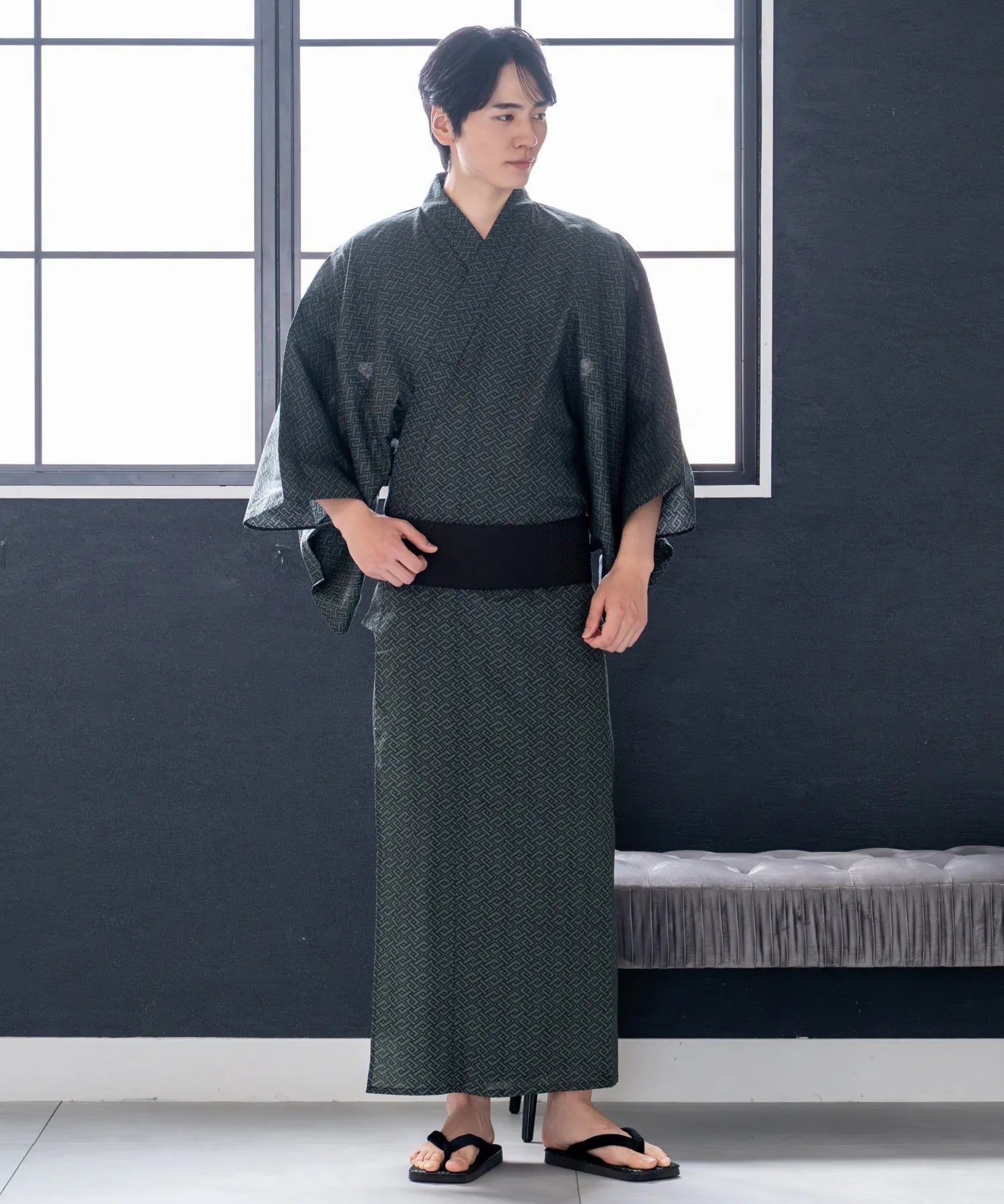 粋夏浴衣 深翠格子 メンズ単品