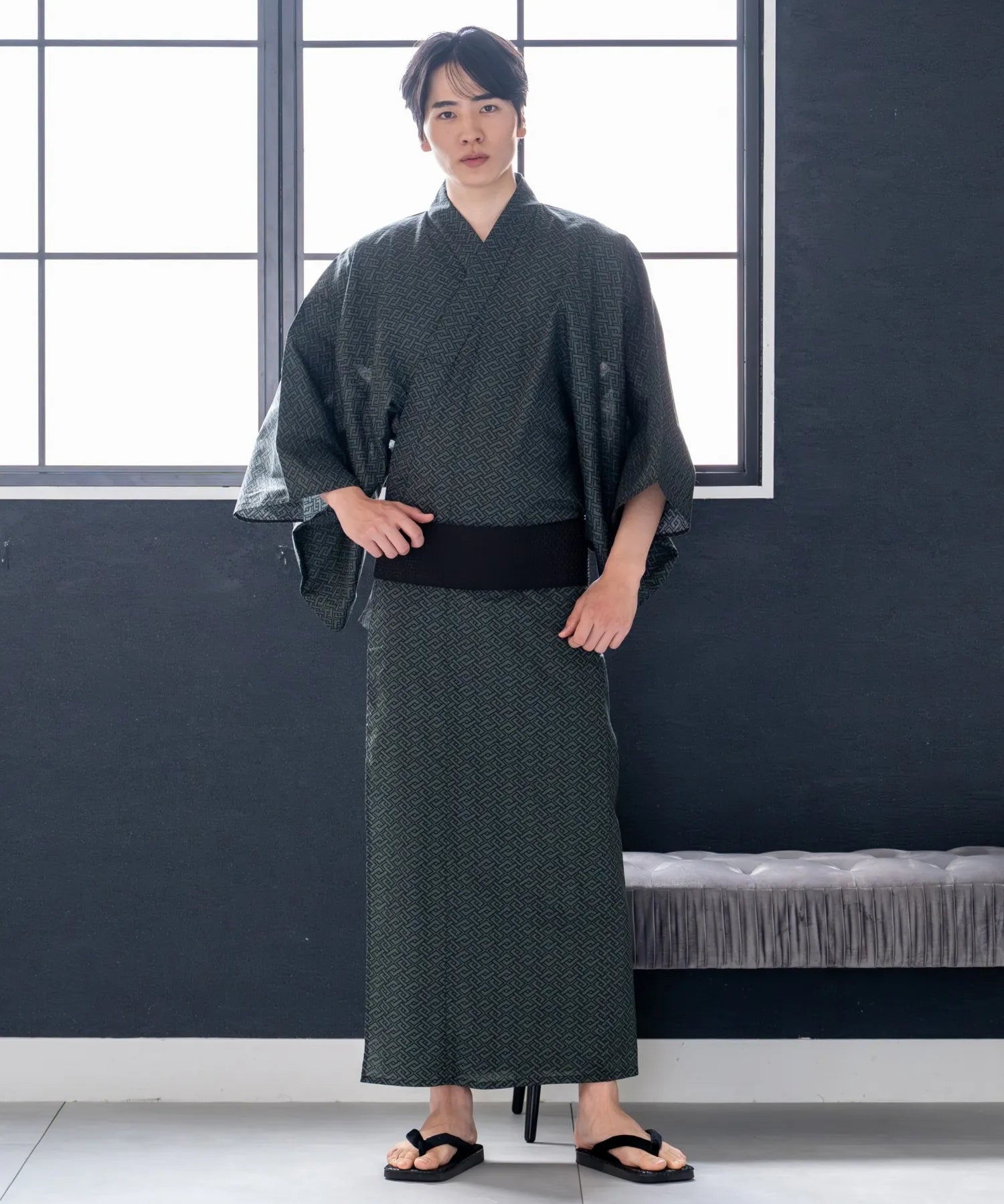 粋夏浴衣 深翠格子 メンズ単品