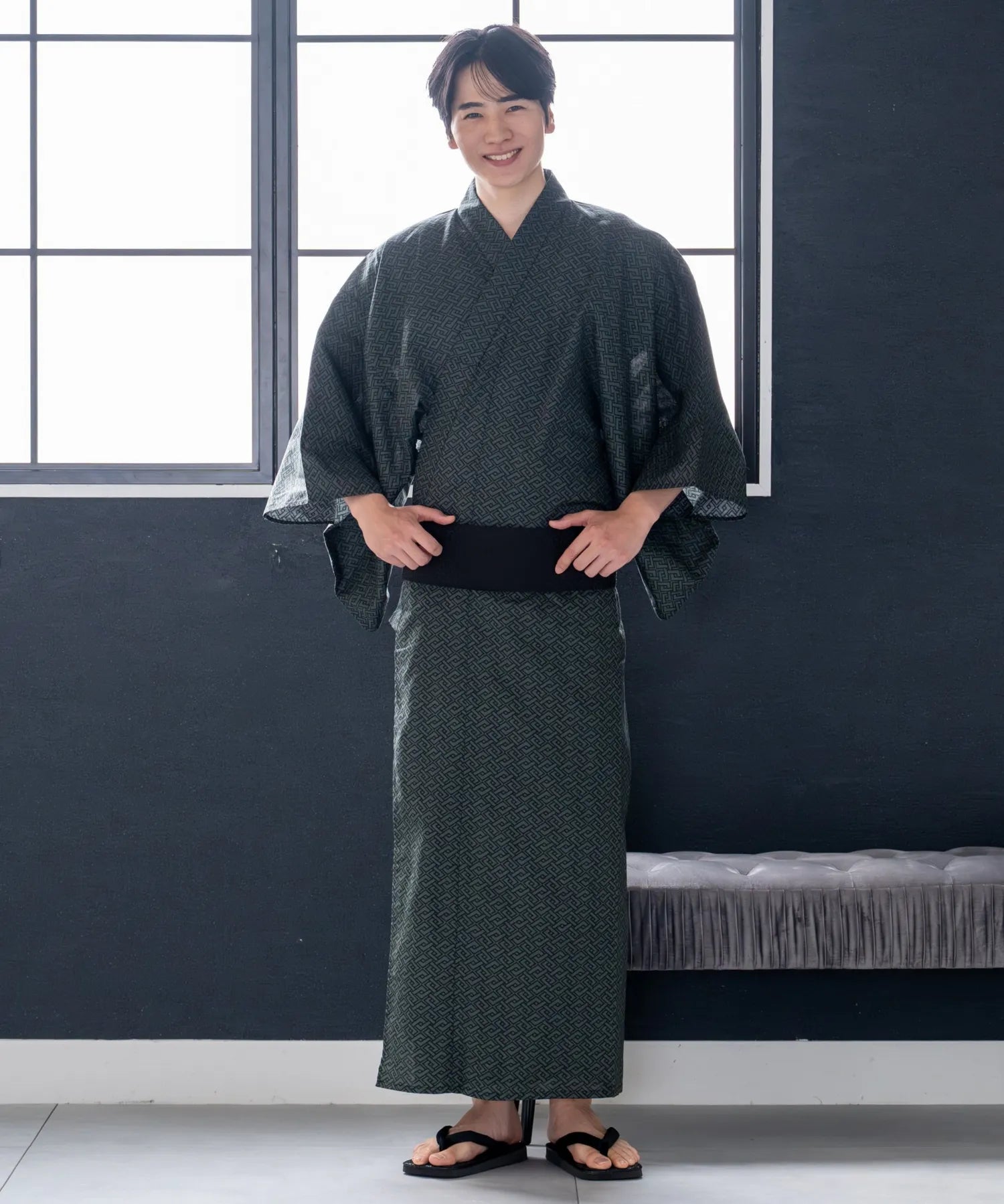 粋夏浴衣 深翠格子 メンズ単品