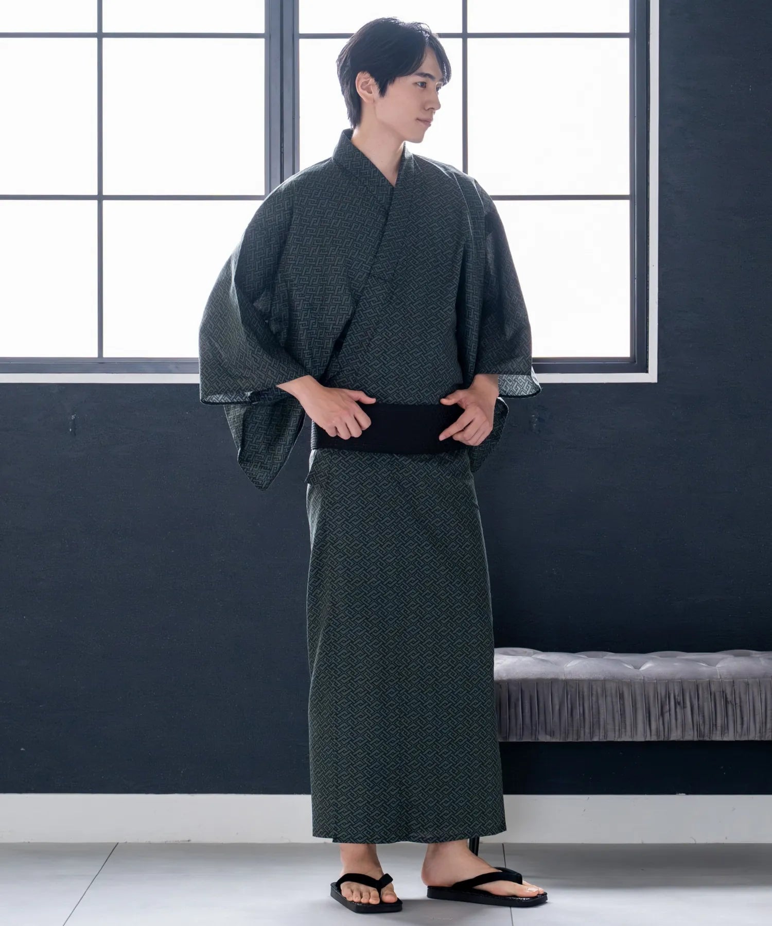 粋夏浴衣 深翠格子 メンズ単品