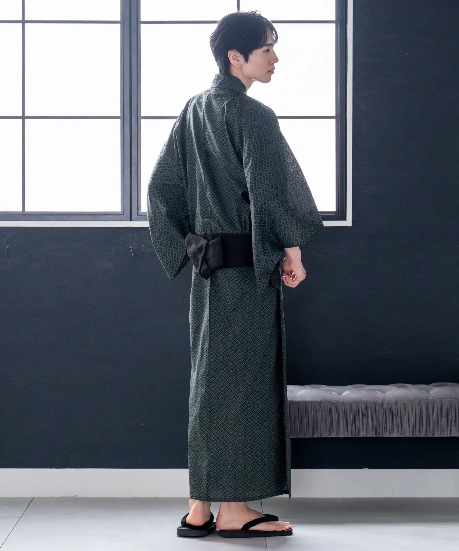 粋夏浴衣 深翠格子 メンズ単品