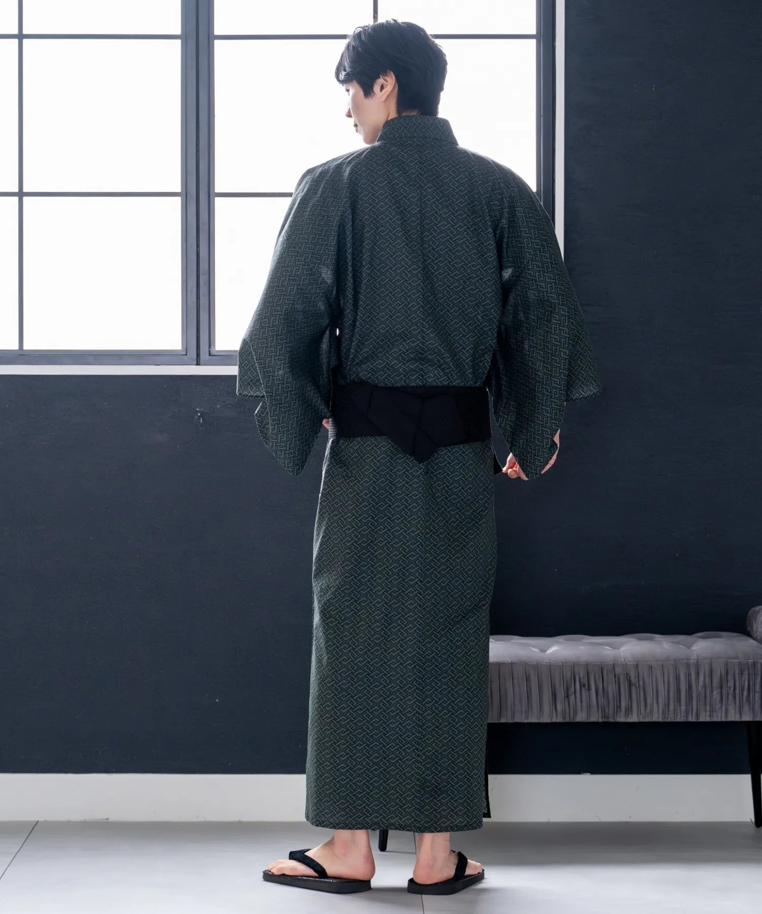 粋夏浴衣 深翠格子 メンズ単品