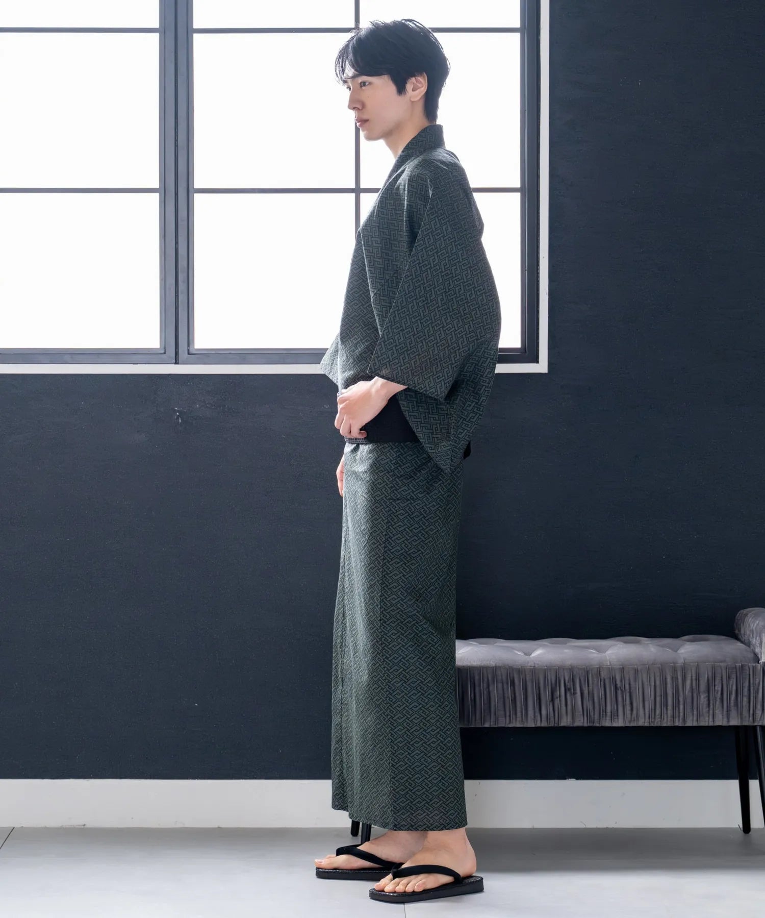 粋夏浴衣 深翠格子 メンズ単品