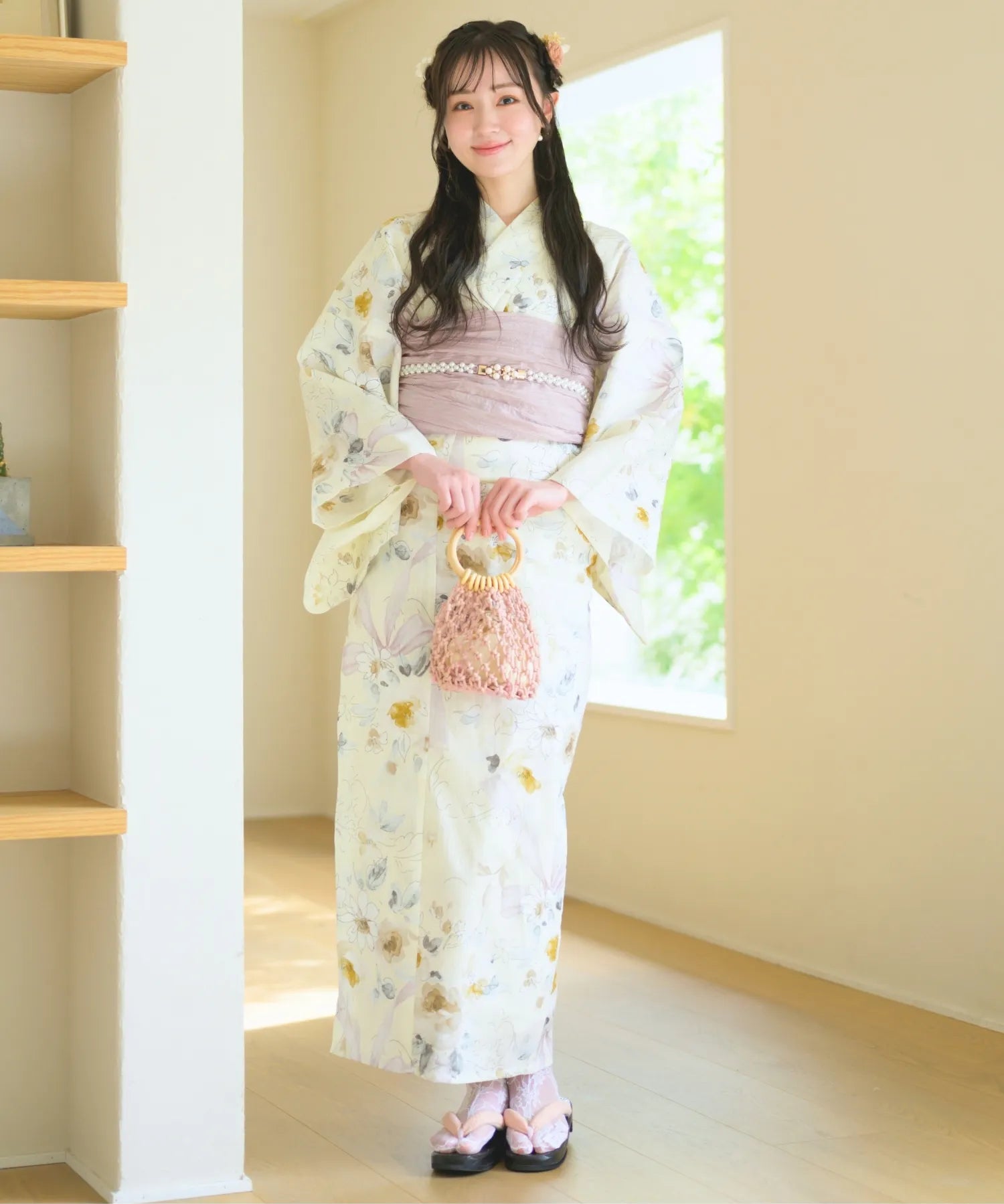 夏宵浴衣 ミルキーリボンの花奏 4点セット(浴衣・兵児帯・腰紐×2)