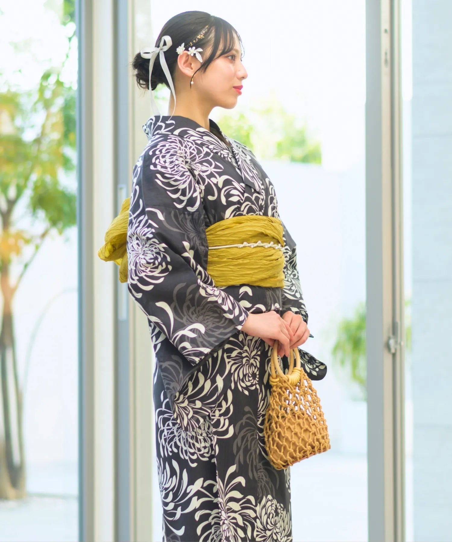 夏宵浴衣 月影の菊詩 4点セット(浴衣・兵児帯・腰紐×2)