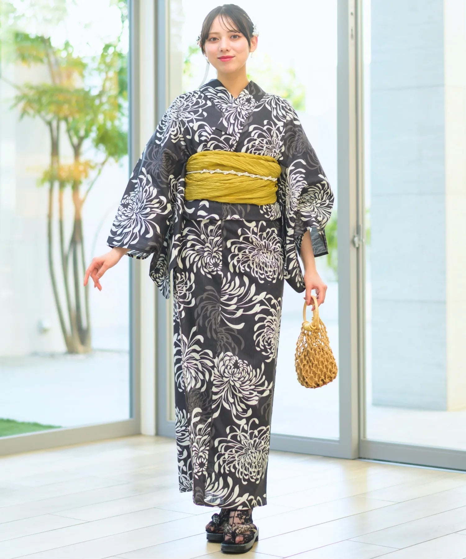 夏宵浴衣 月影の菊詩 4点セット(浴衣・兵児帯・腰紐×2)