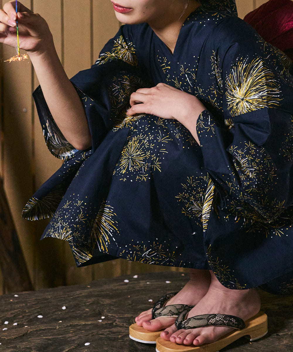 紺夜の儚火 下駄付き5点セット(浴衣・兵児帯・腰紐×2・下駄)