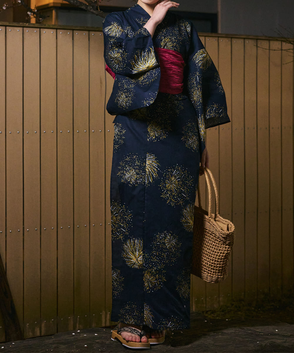 紺夜の儚火 下駄付き5点セット(浴衣・兵児帯・腰紐×2・下駄)
