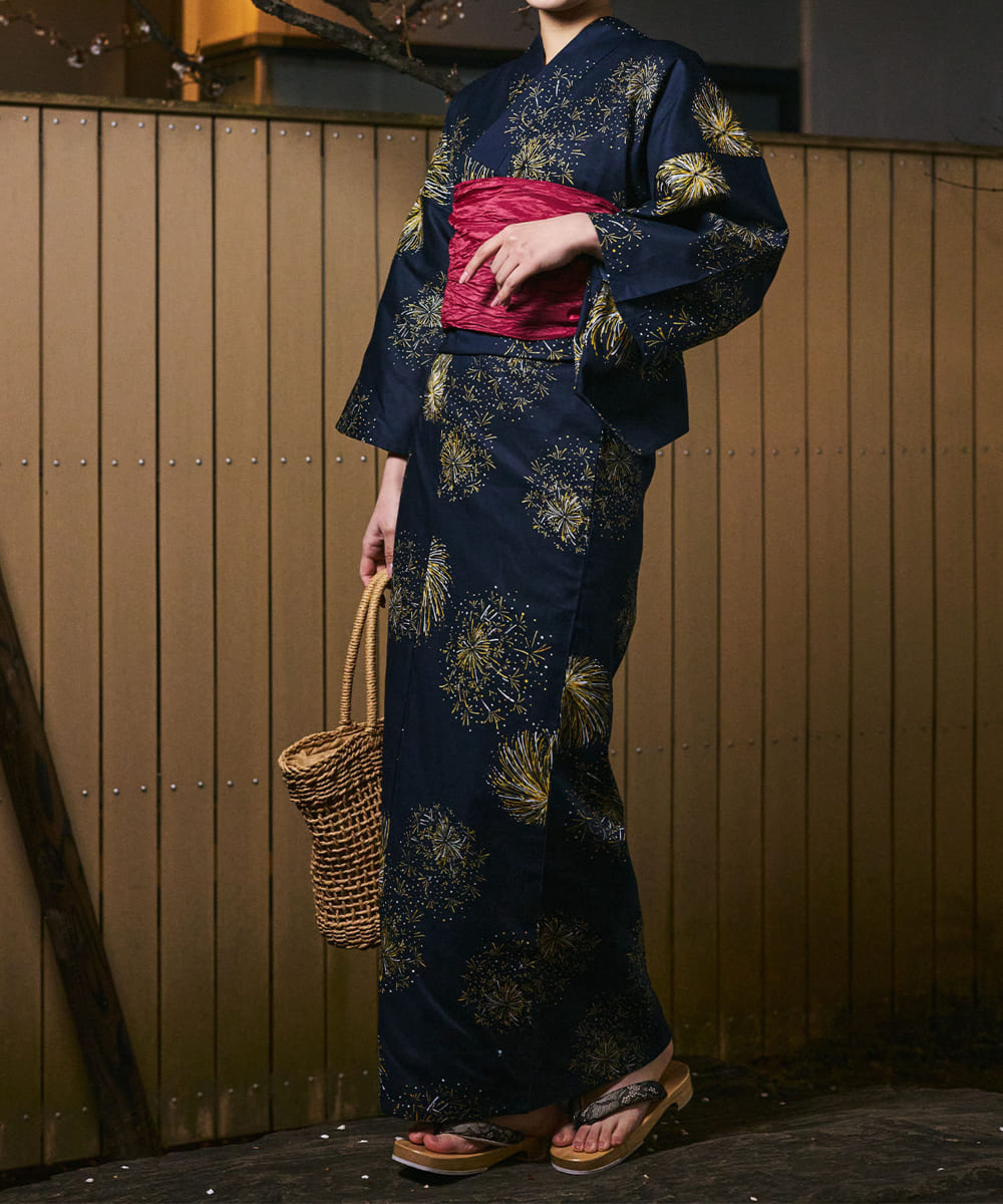 紺夜の儚火 下駄付き5点セット(浴衣・兵児帯・腰紐×2・下駄)
