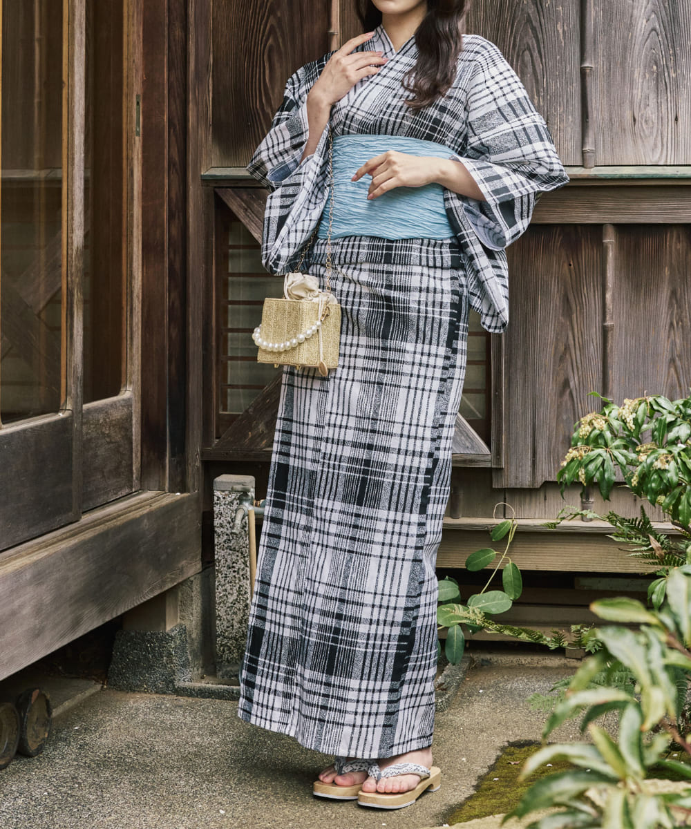 涼風の格子 下駄付き5点セット(浴衣・兵児帯・腰紐×2・下駄)