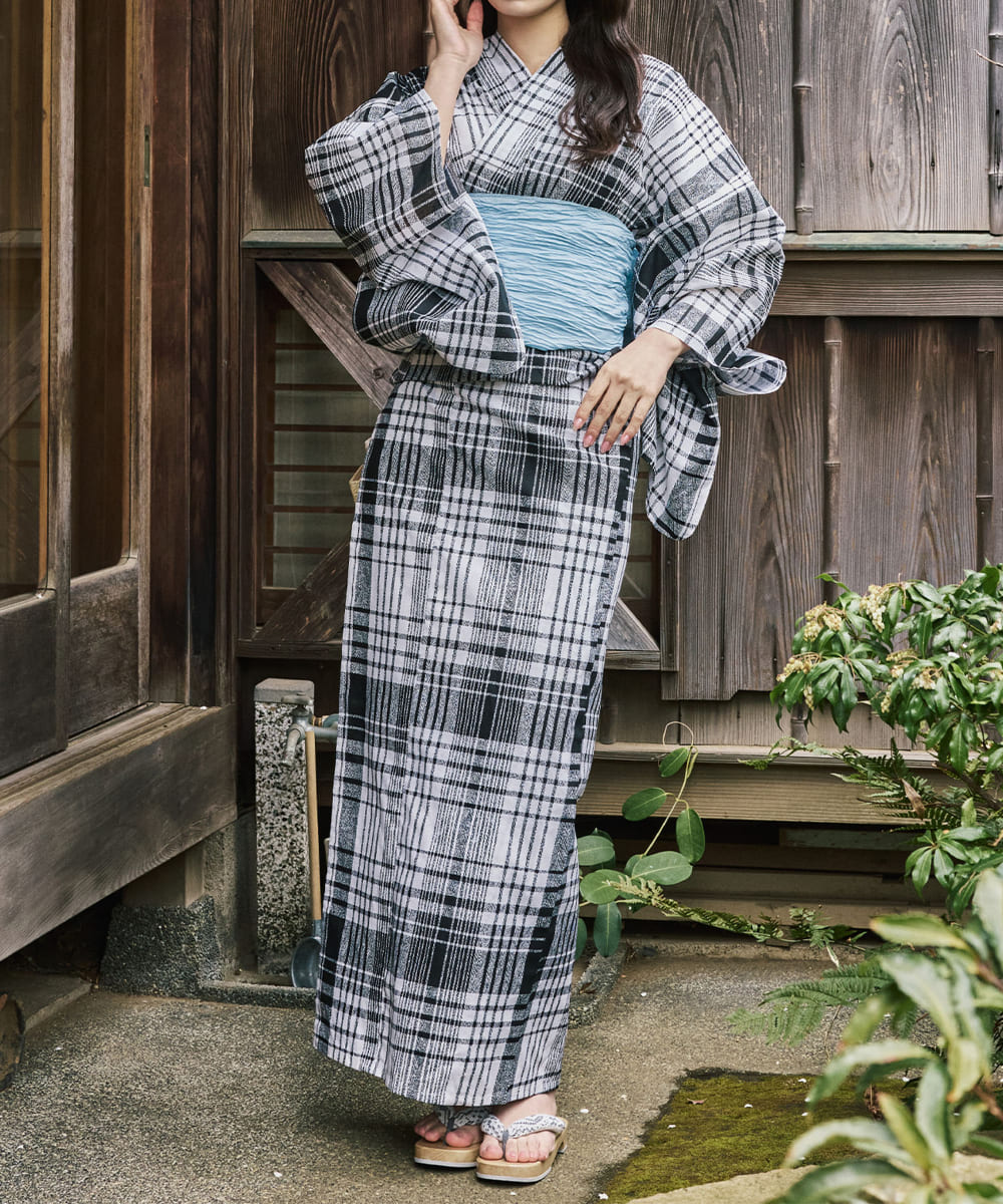 涼風の格子 下駄付き5点セット(浴衣・兵児帯・腰紐×2・下駄)