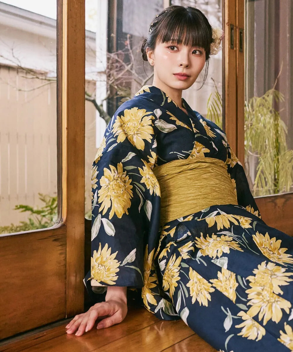 川口ゆりな コラボ浴衣 紺青のひまわり調べ 4点セット(浴衣・兵児帯・腰紐×2)