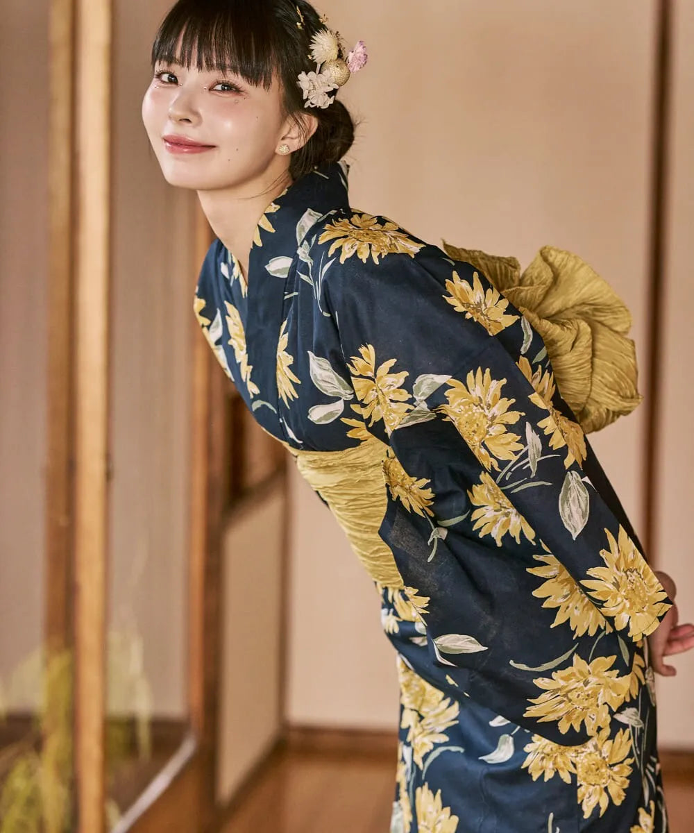 川口ゆりな コラボ浴衣 紺青のひまわり調べ 4点セット(浴衣・兵児帯・腰紐×2)