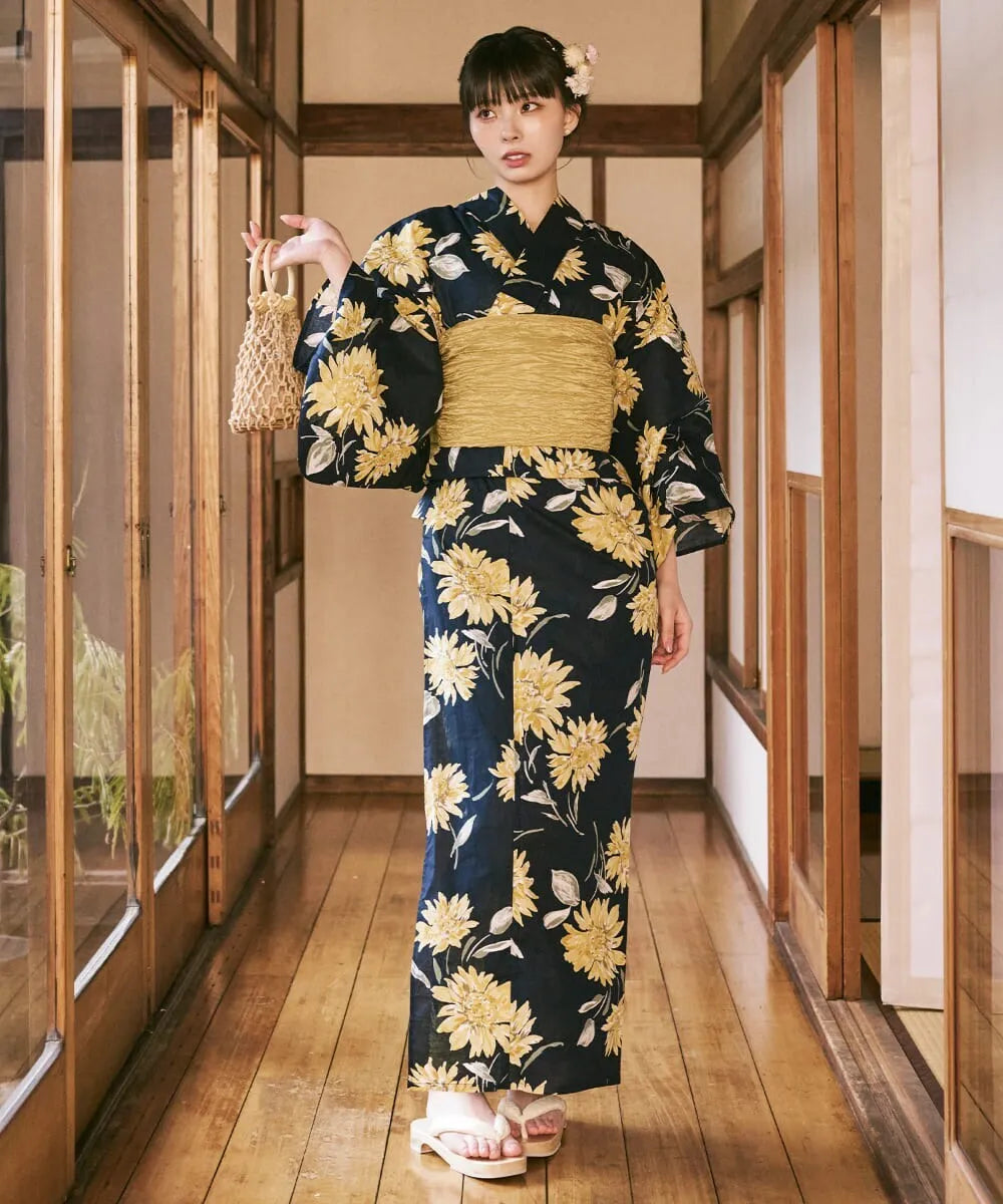 川口ゆりな コラボ浴衣 紺青のひまわり調べ 4点セット(浴衣・兵児帯・腰紐×2)