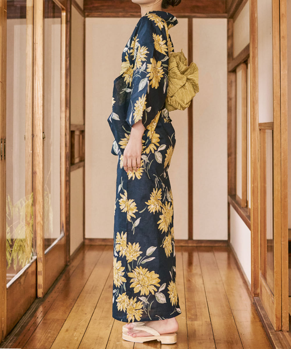 紺青のひまわり調べ 下駄付き5点セット(浴衣・兵児帯・腰紐×2・下駄)