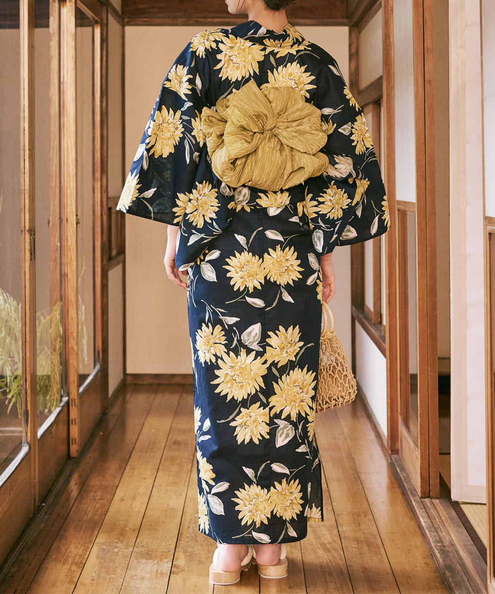 mahoさま　ひまわり柄 浴衣 Mサイズ　帯・下駄・腰紐2本セット 紺青のひまわり調べ 下駄付き5点セット(浴衣・兵児帯・腰紐×2