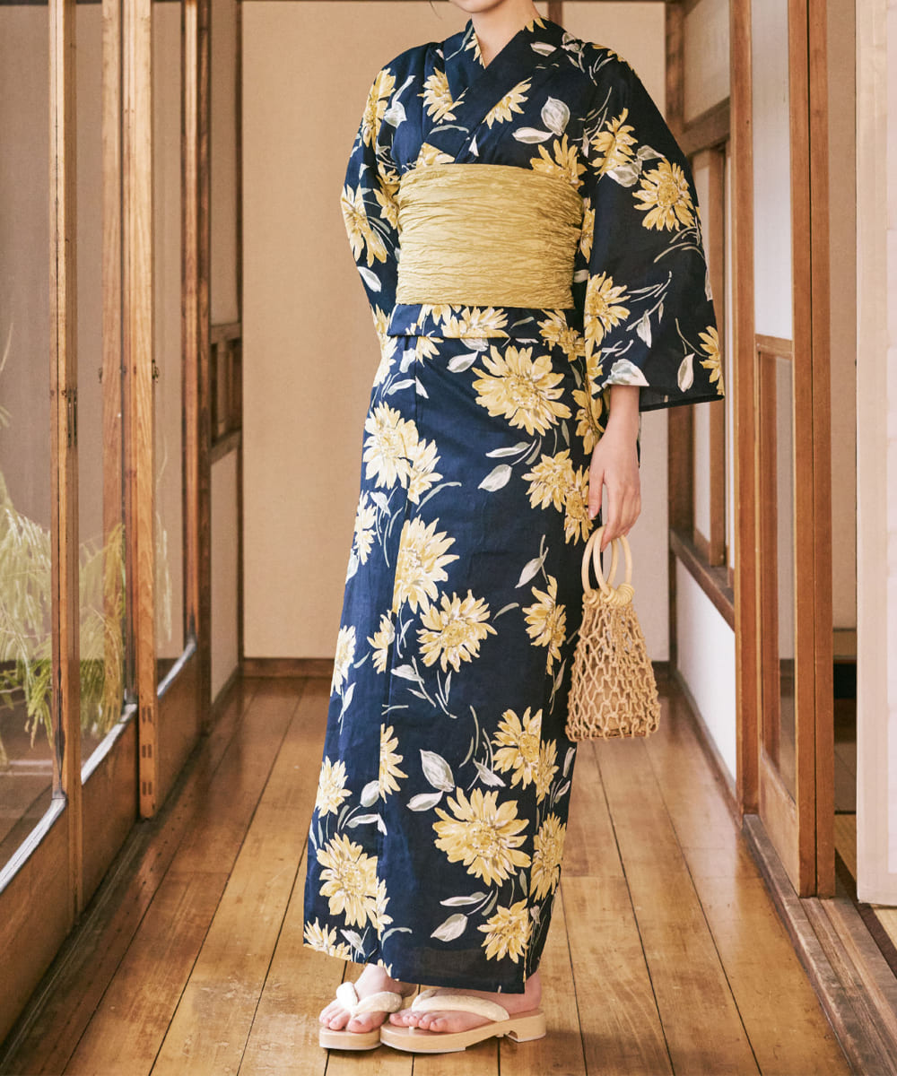 紺青のひまわり調べ 下駄付き5点セット(浴衣・兵児帯・腰紐×2・下駄)