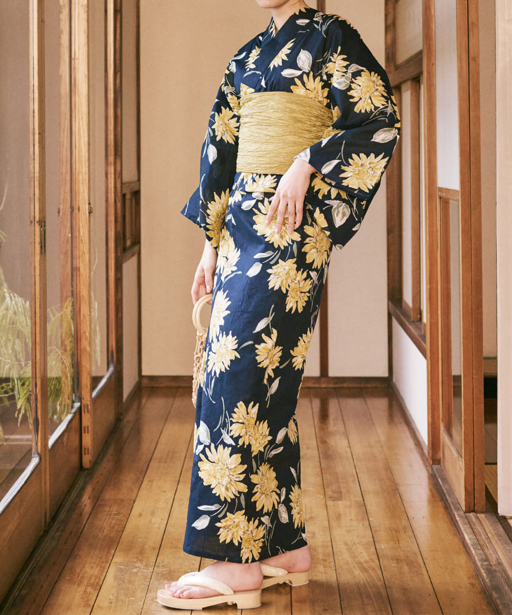 紺青のひまわり調べ 下駄付き5点セット(浴衣・兵児帯・腰紐×2・下駄)