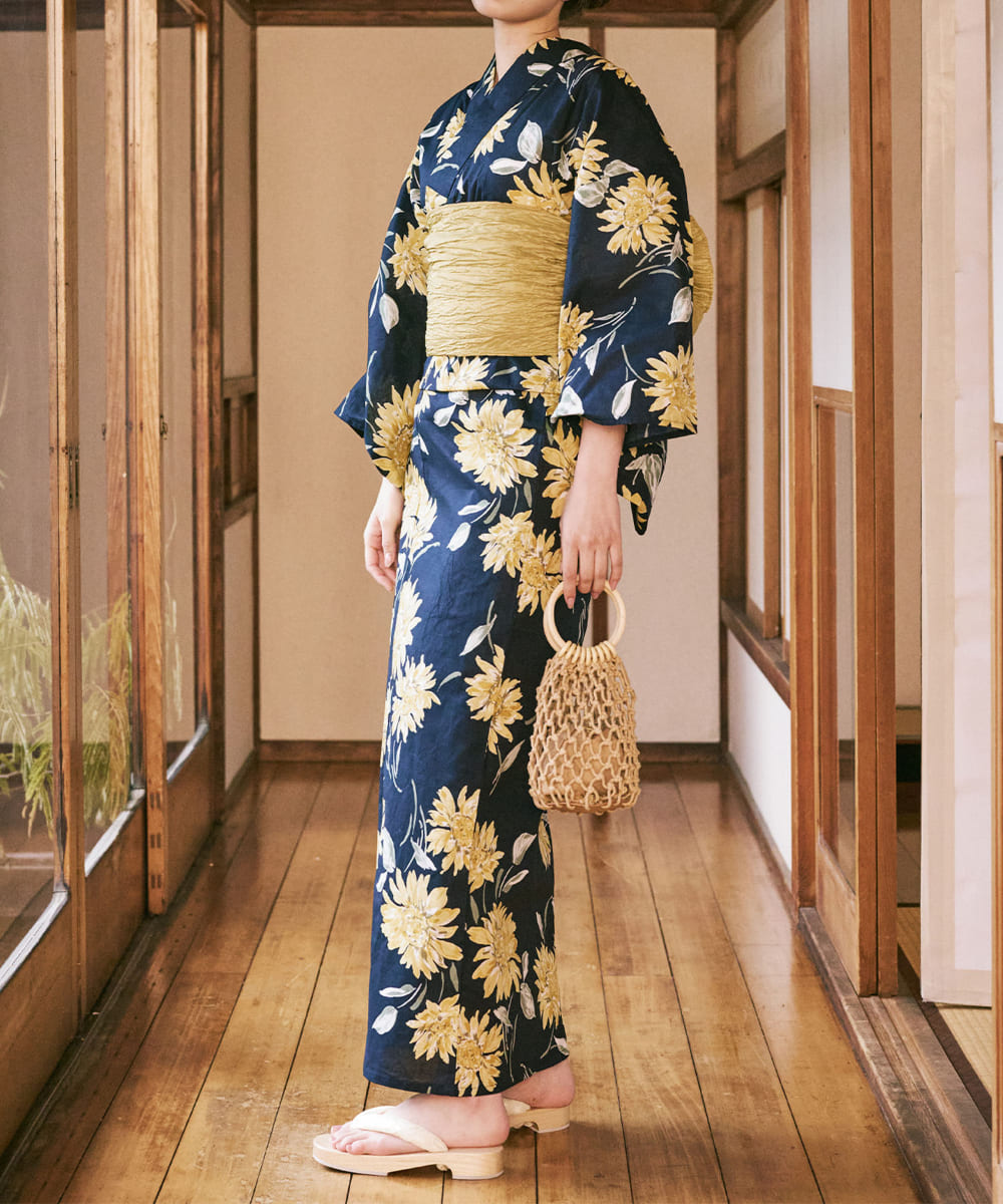 紺青のひまわり調べ 下駄付き5点セット(浴衣・兵児帯・腰紐×2・下駄)