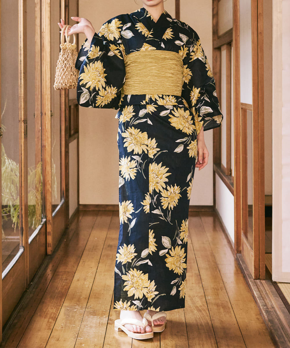 紺青のひまわり調べ 下駄付き5点セット(浴衣・兵児帯・腰紐×2・下駄)
