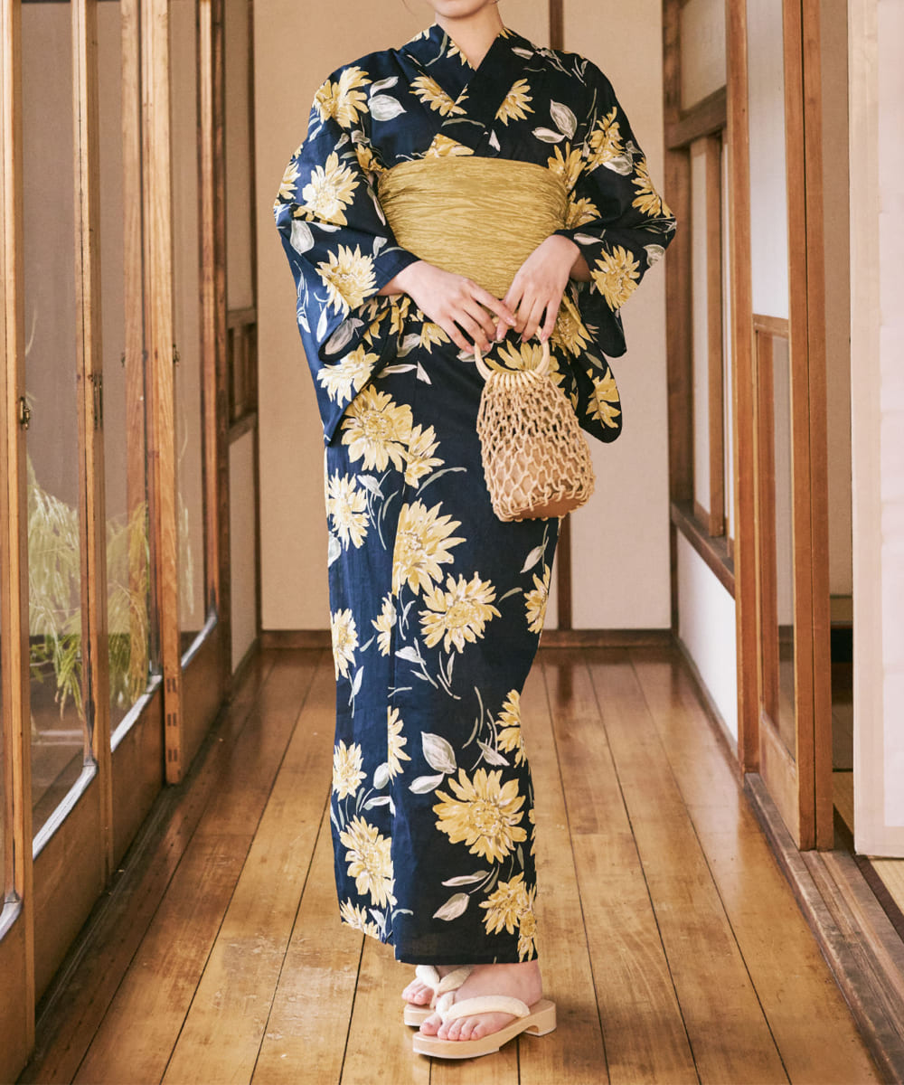 紺青のひまわり調べ 下駄付き5点セット(浴衣・兵児帯・腰紐×2・下駄)
