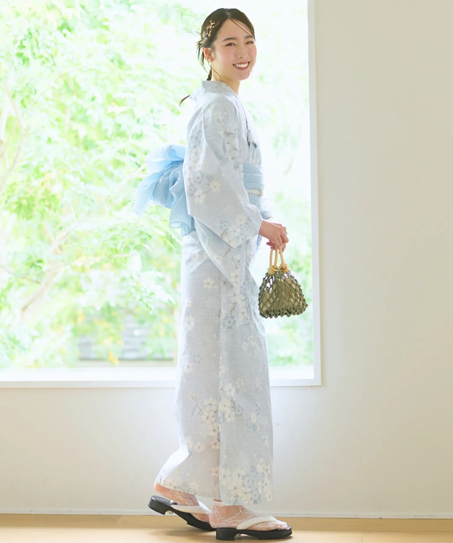 夏花浴衣 水涼撫子 4点セット(浴衣・兵児帯・腰紐×2)