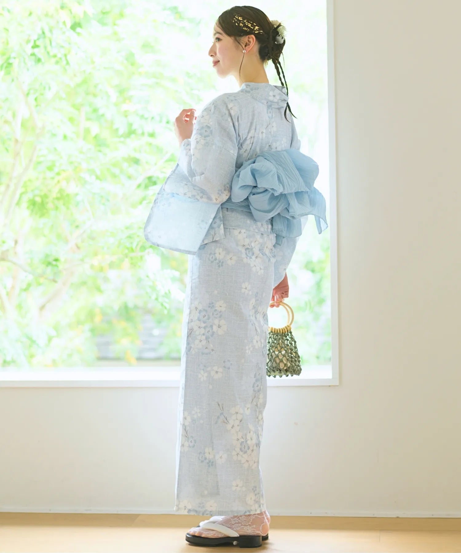 夏花浴衣 水涼撫子 4点セット(浴衣・兵児帯・腰紐×2)