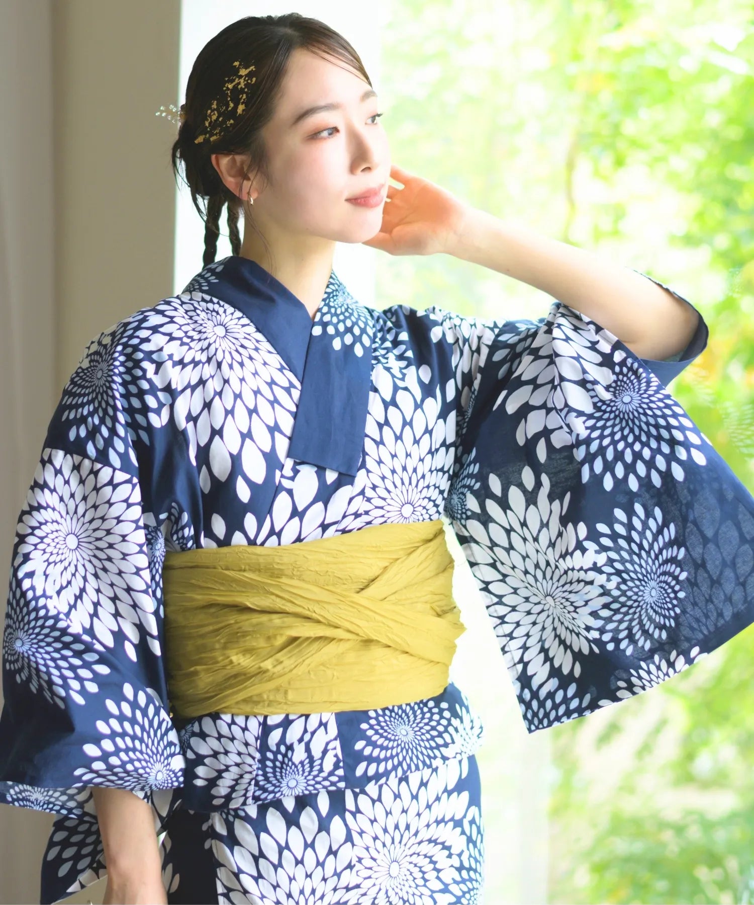 夏花浴衣 紺菊華 4点セット(浴衣・兵児帯・腰紐×2)