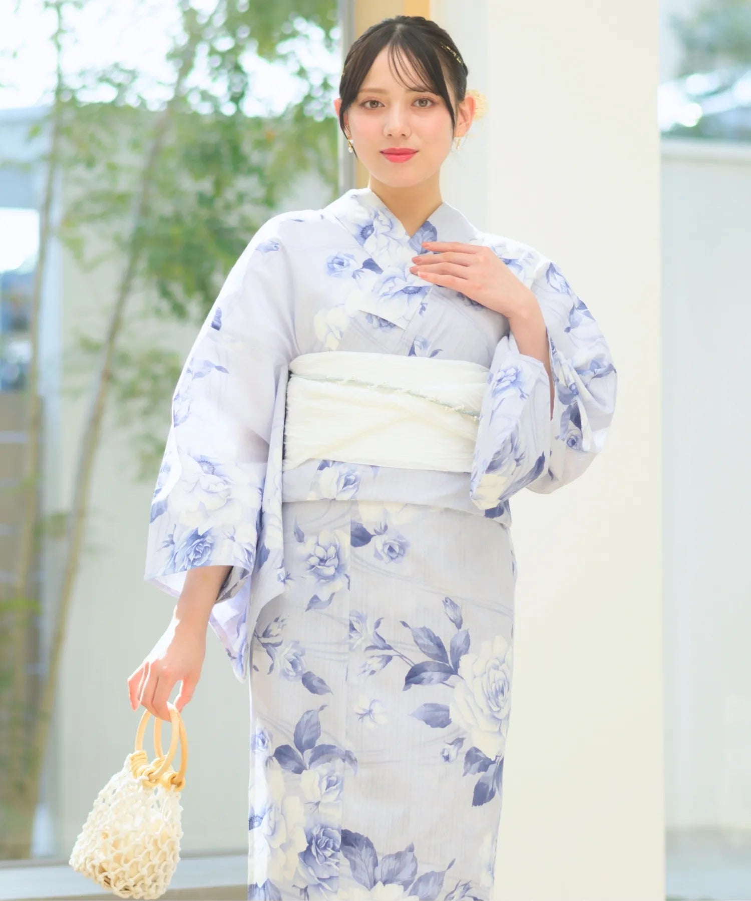 夏宵浴衣 花麗流れ 下駄付き5点セット(浴衣・兵児帯・腰紐×2・下駄)