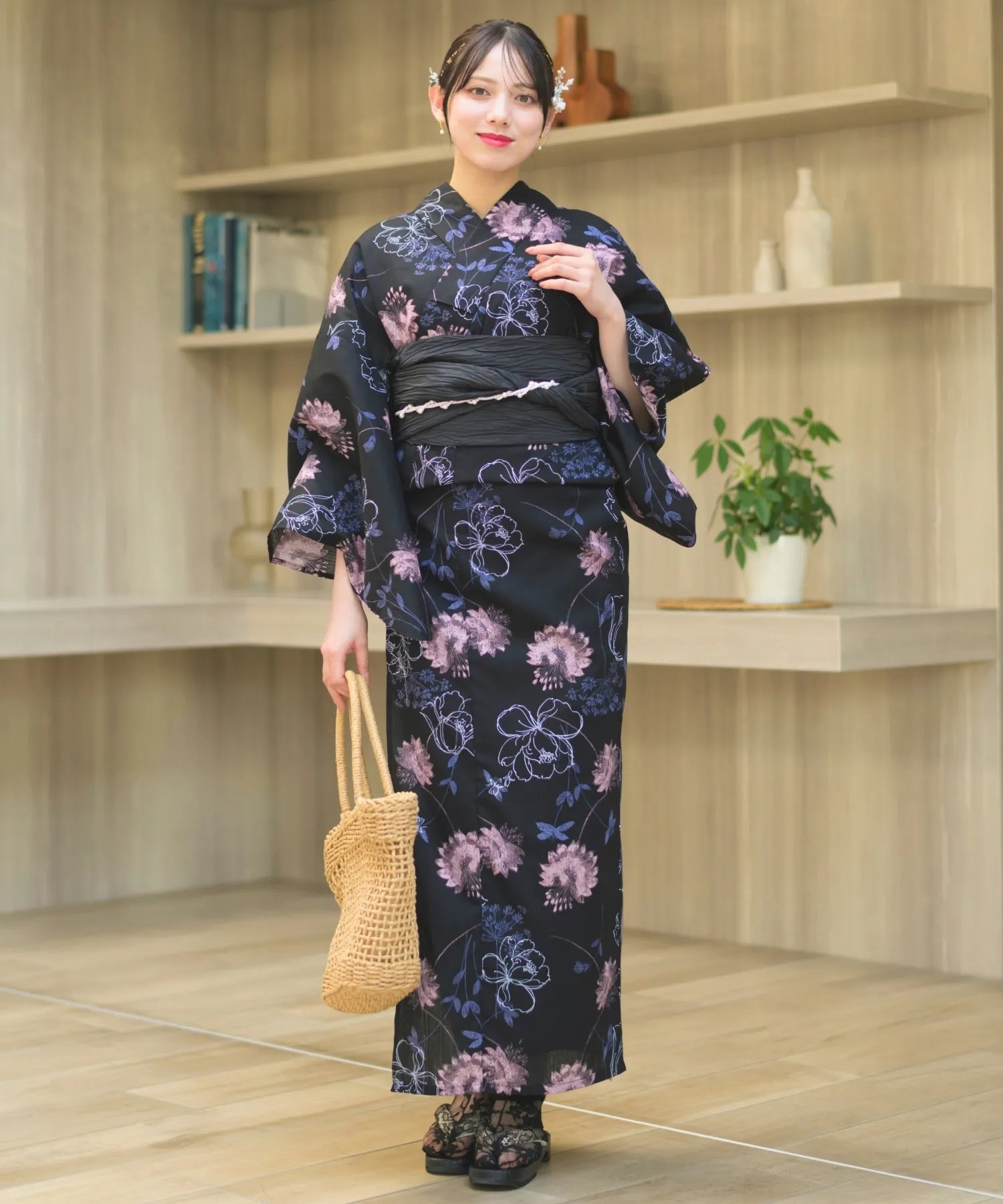 腰紐＋帯板 下駄無し 浴衣ジェンヌ 浴衣5点セット 百合 濃紺 紺 黒