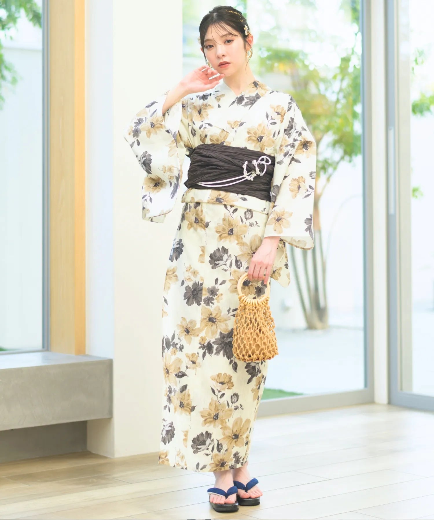 浴衣ジェンヌ 新作 浴衣5点セット オフホワイト 浴衣 青 ゆかた 半幅帯 浴衣ジェンヌ 新作 浴衣5点セット オフホワイト 浴衣 青 ゆかた