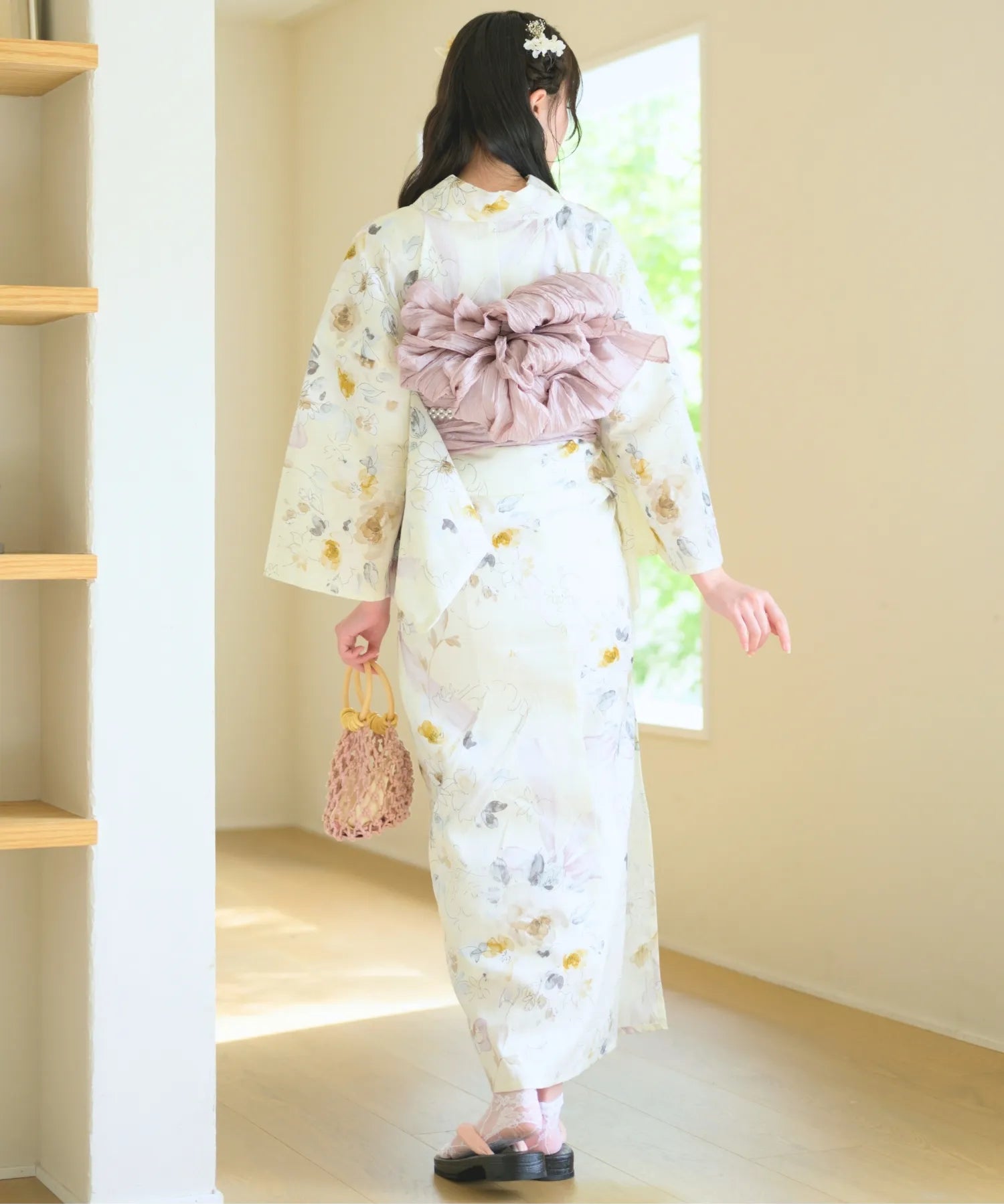 夏宵浴衣 ミルキーリボンの花奏 下駄付き5点セット(浴衣・兵児帯・腰紐×2・下駄)