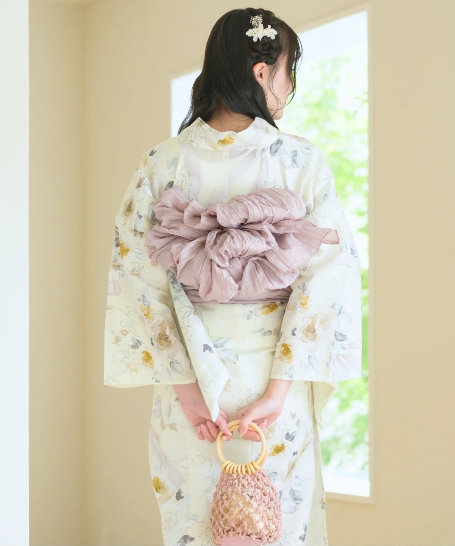 夏宵浴衣 ミルキーリボンの花奏 下駄付き5点セット(浴衣・兵児帯・腰紐×2・下駄)