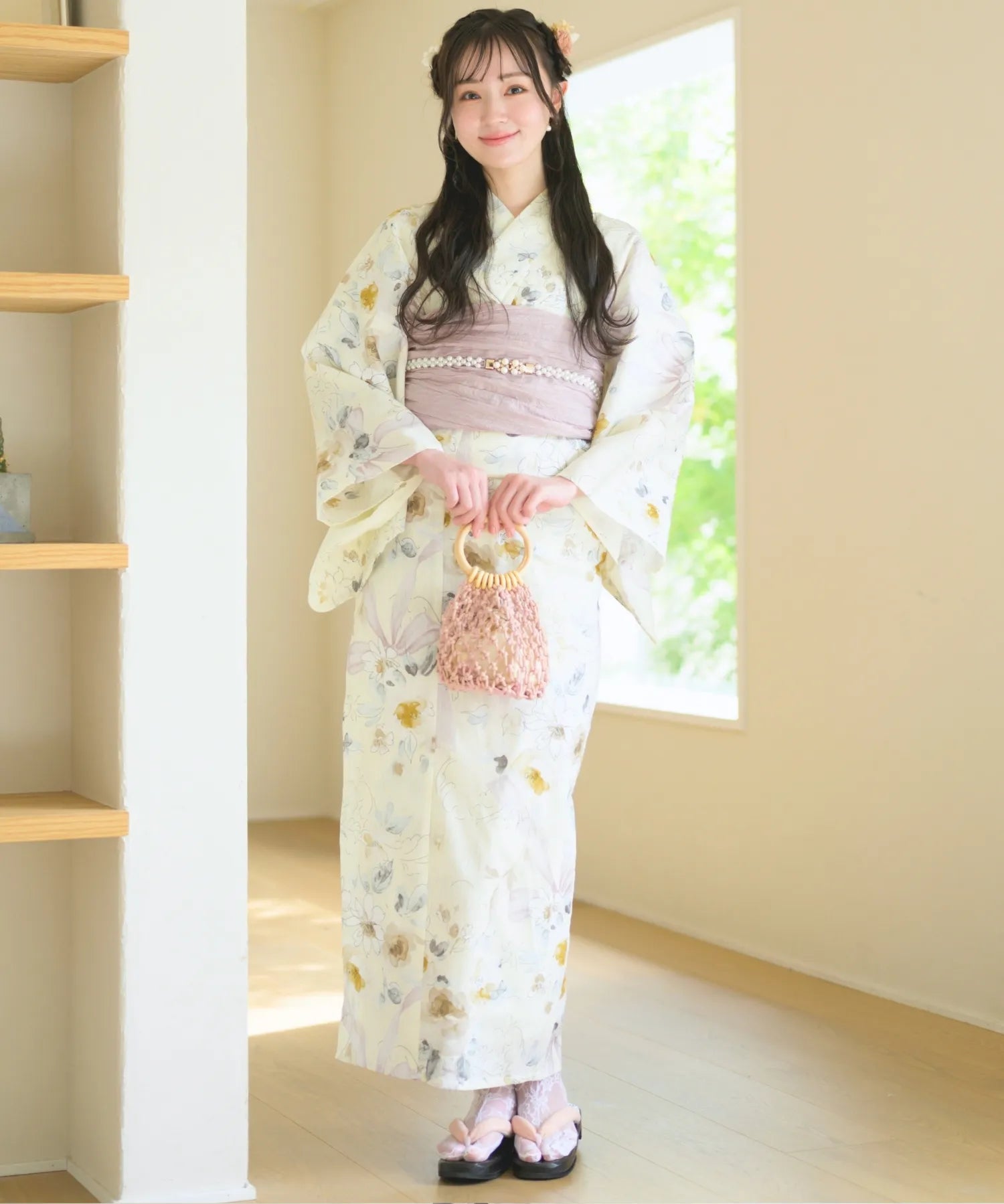 夏宵浴衣 ミルキーリボンの花奏 下駄付き5点セット(浴衣・兵児帯・腰紐×2・下駄)