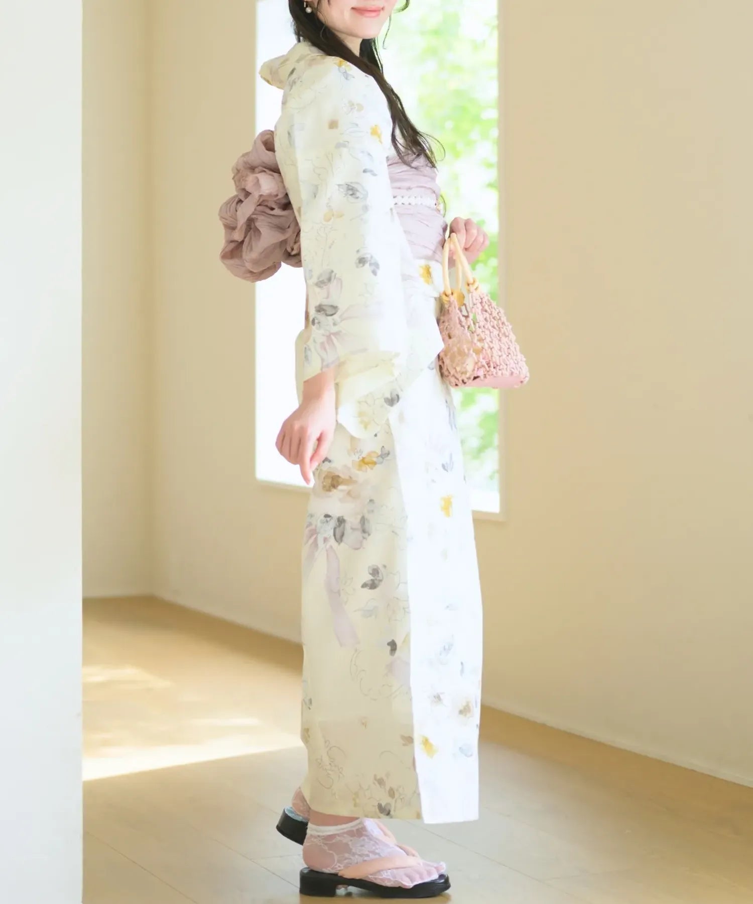 夏宵浴衣 ミルキーリボンの花奏 下駄付き5点セット(浴衣・兵児帯・腰紐×2・下駄)