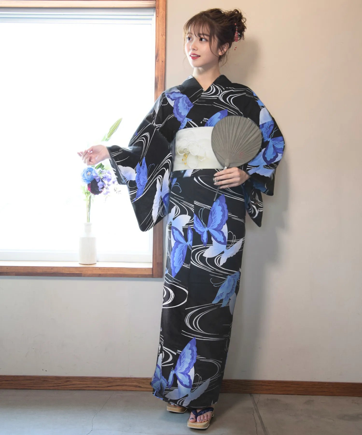 紺色 浴衣5点セット 紺に向日葵 こだわり浴衣5点セット (浴衣/帯/下駄/腰紐/着付け冊子