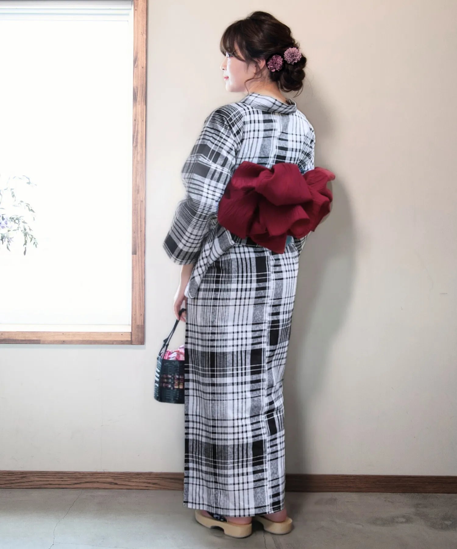 儚夏浴衣 涼風の格子 下駄付き5点セット(浴衣・兵児帯・腰紐×2・下駄)