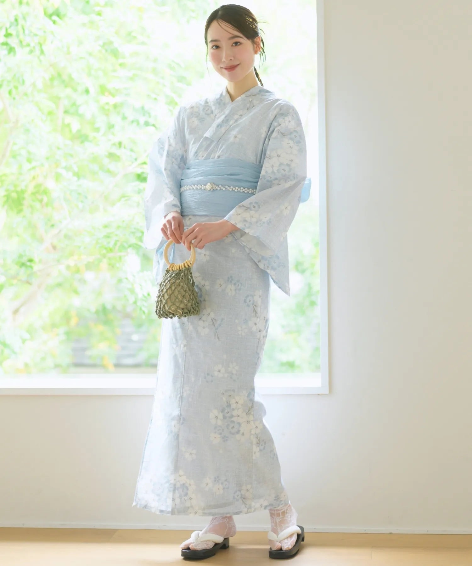 夏花浴衣 水涼撫子 下駄付き5点セット(浴衣・兵児帯・腰紐×2・下駄)