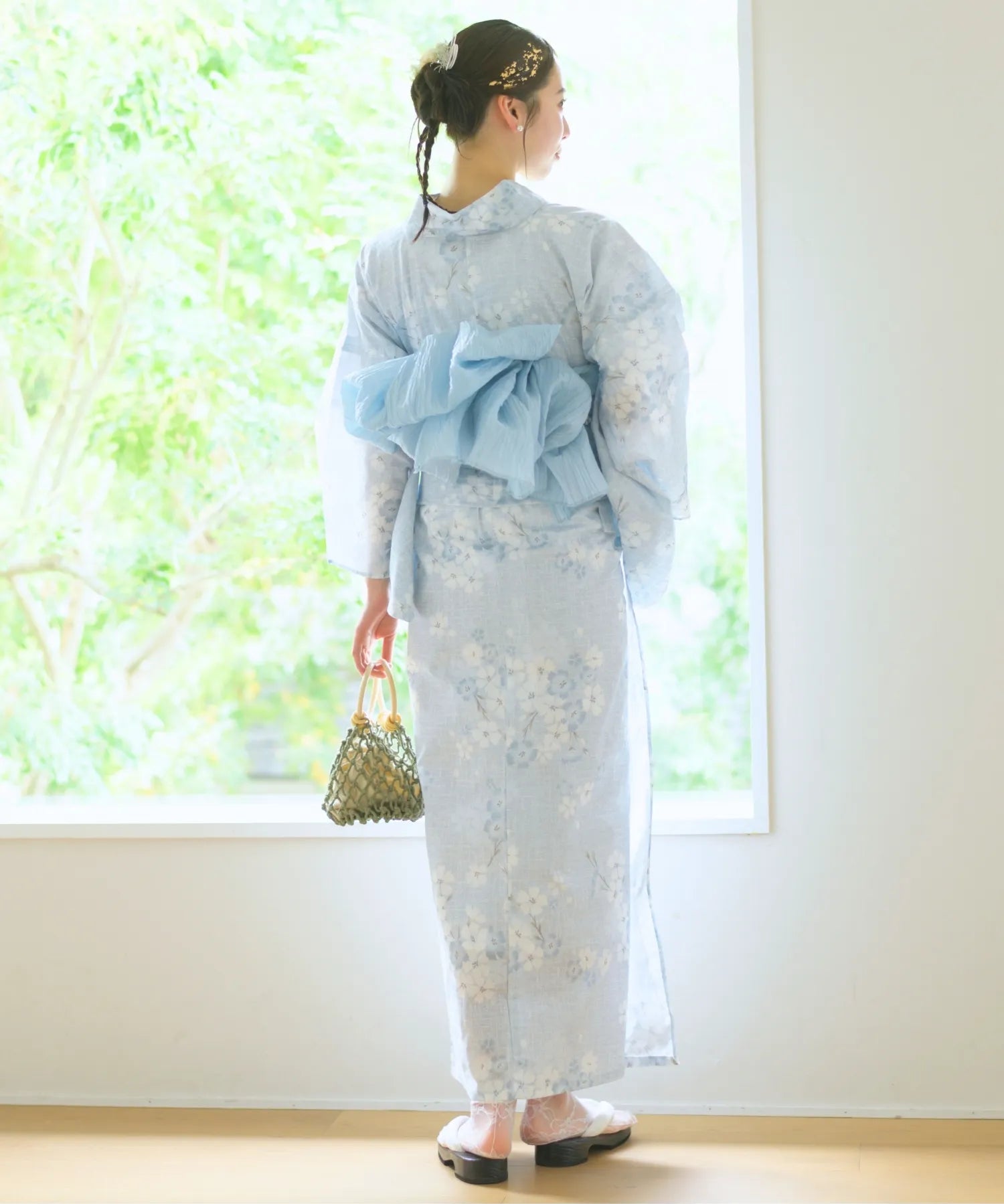 夏花浴衣 水涼撫子 下駄付き5点セット(浴衣・兵児帯・腰紐×2・下駄)