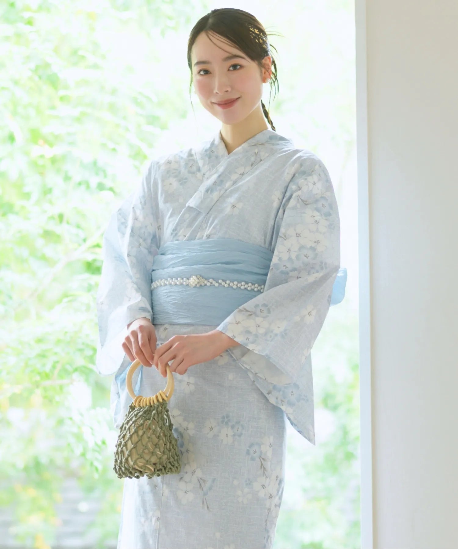 夏花浴衣 水涼撫子 下駄付き5点セット(浴衣・兵児帯・腰紐×2・下駄)