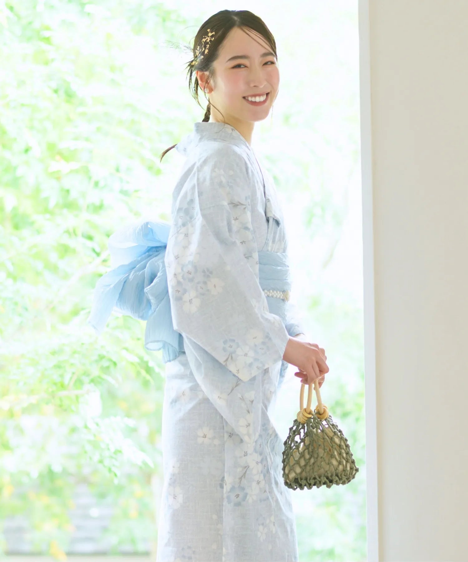 夏花浴衣 水涼撫子 下駄付き5点セット(浴衣・兵児帯・腰紐×2・下駄)