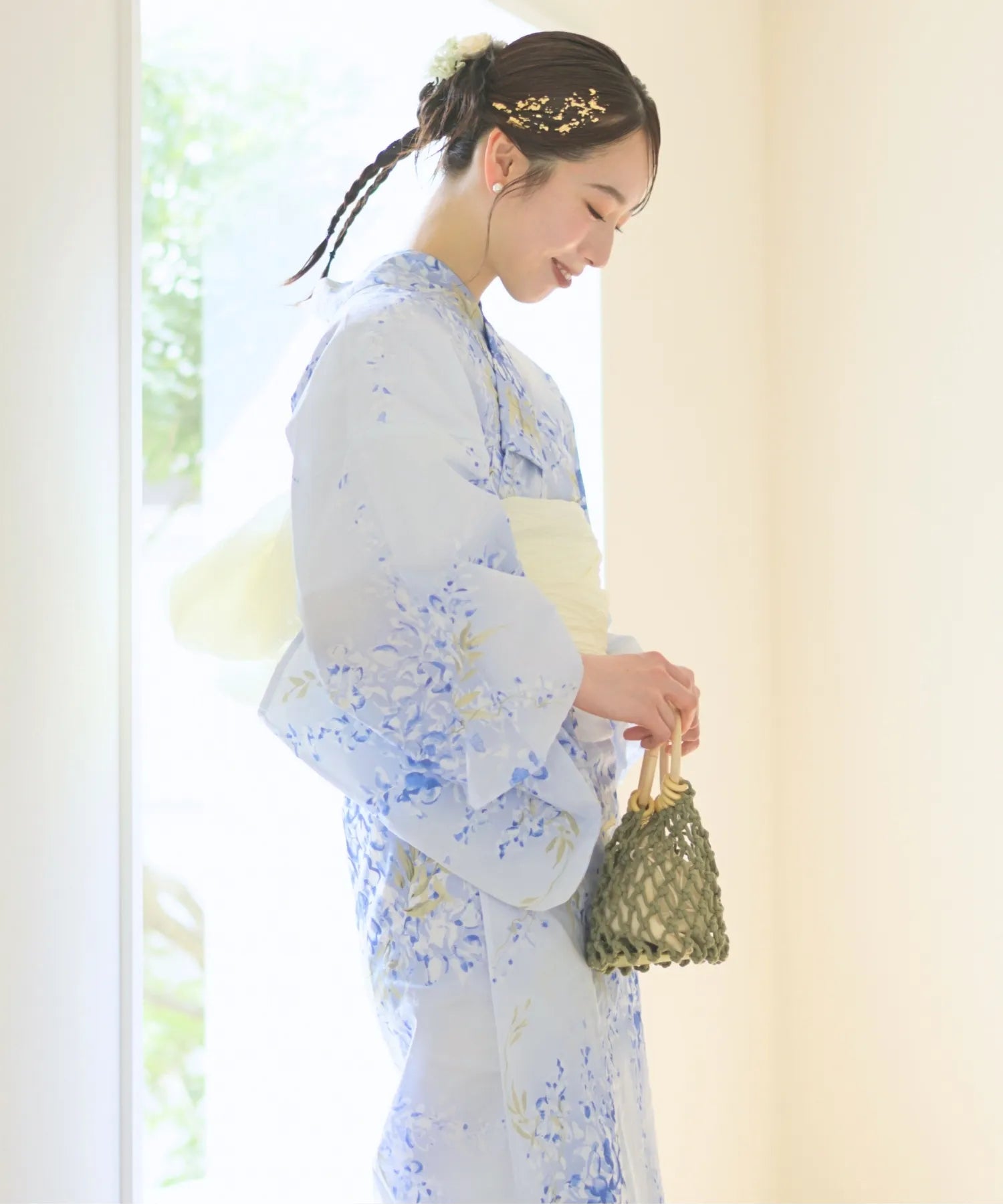 夏花浴衣 藤露の涼風 下駄付き5点セット(浴衣・兵児帯・腰紐×2・下駄)