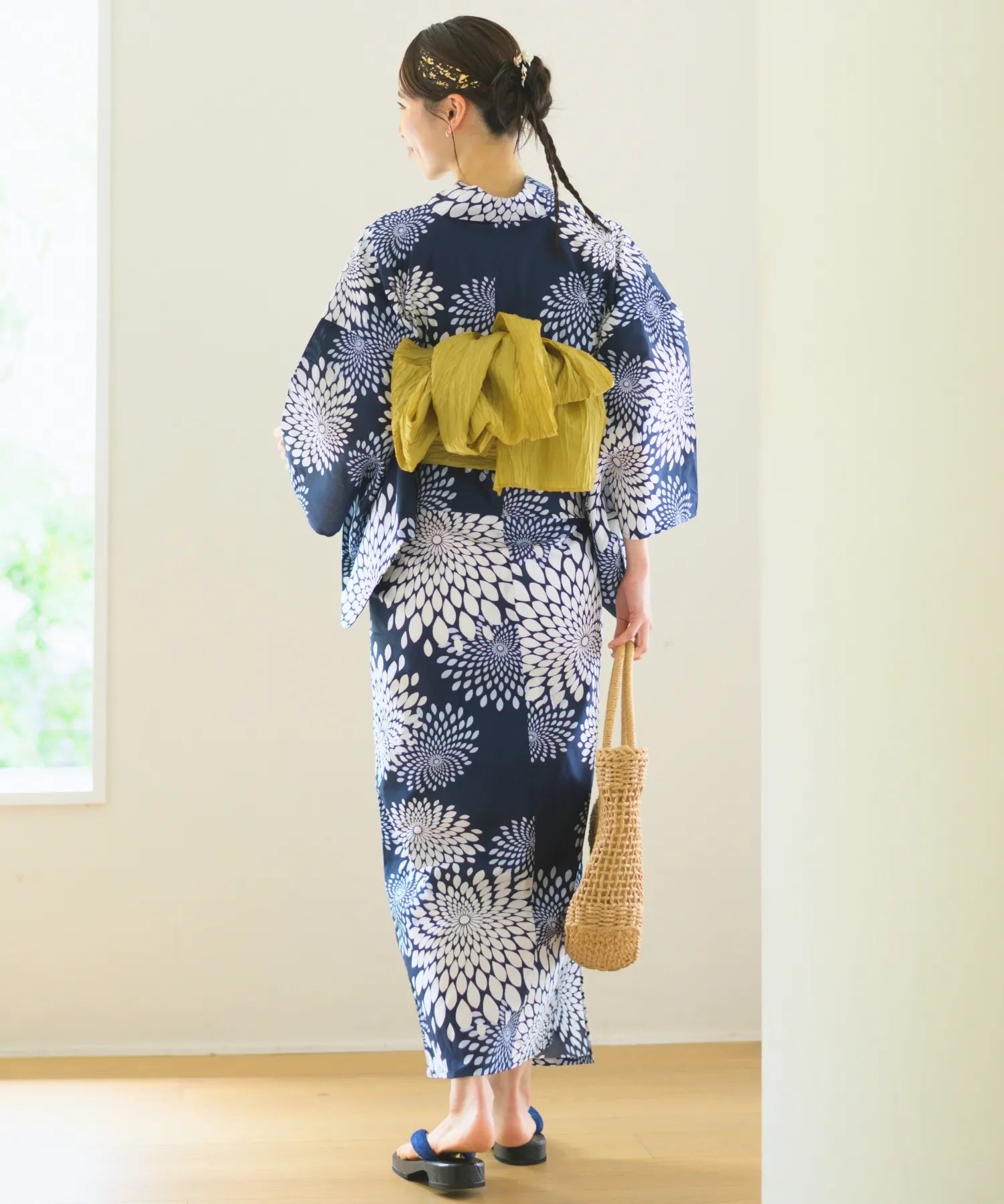 夏花浴衣 紺菊華 下駄付き5点セット(浴衣・兵児帯・腰紐×2・下駄)