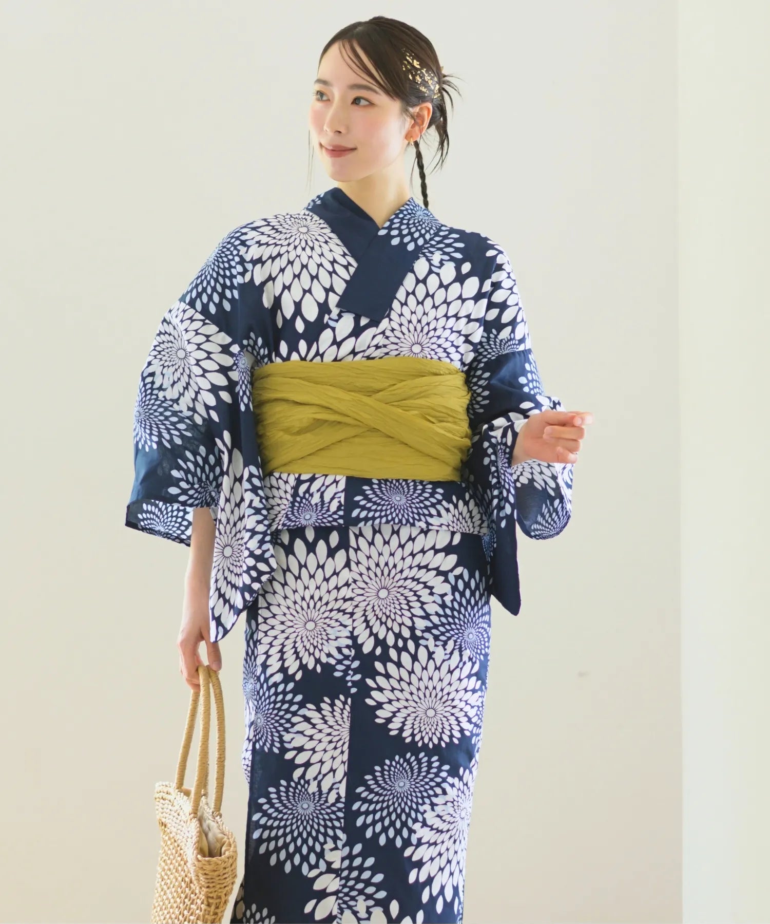 夏花浴衣 紺菊華 下駄付き5点セット(浴衣・兵児帯・腰紐×2・下駄)