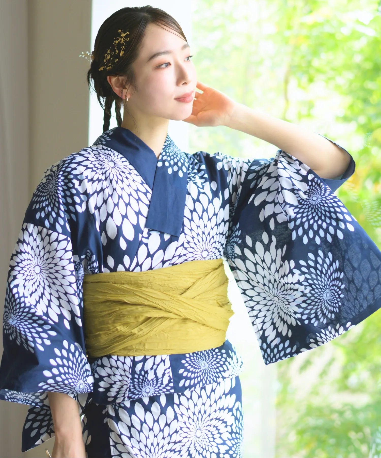 夏花浴衣 紺菊華 下駄付き5点セット(浴衣・兵児帯・腰紐×2・下駄)