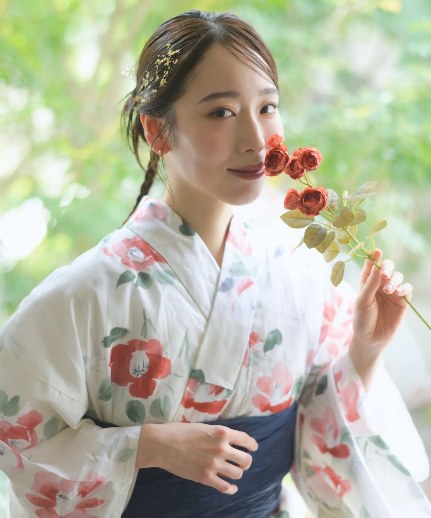 夏花浴衣 白昼の紅椿 下駄付き5点セット(浴衣・兵児帯・腰紐×2・下駄)